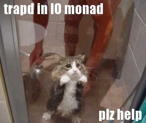 Image of cat looking out through door of shower cubicle, with caption text "trapd in IO monad plz help"