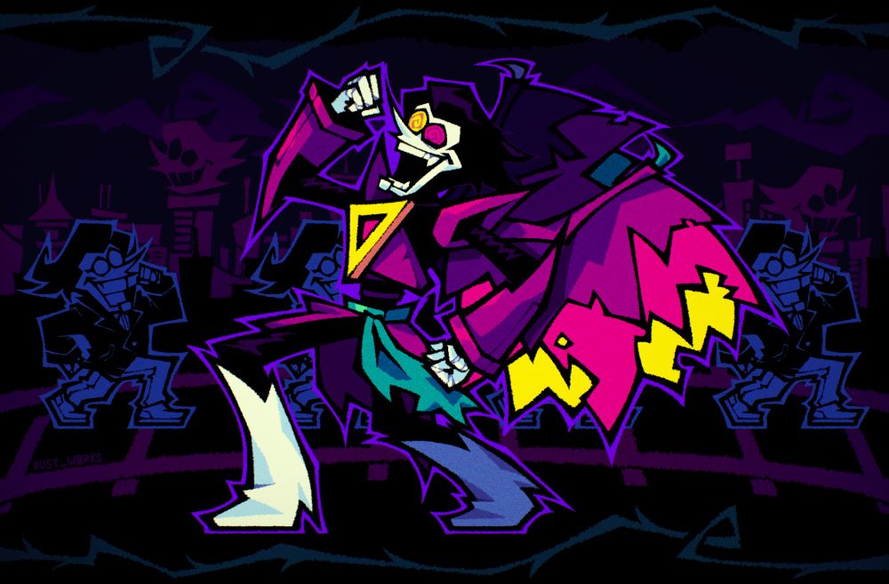 Spamton NEO taking a big fat stomp towards the left with a deranged expression on his face. Behind him are 4 blue Spamtons marching to the right on the train tracks, and behind all the Spamtons is the city you pass by during his bossfight. There are vines strung along the top and bottom of the drawing.

This is a reference to the Once in a Lifetime music video. uh. Yop
