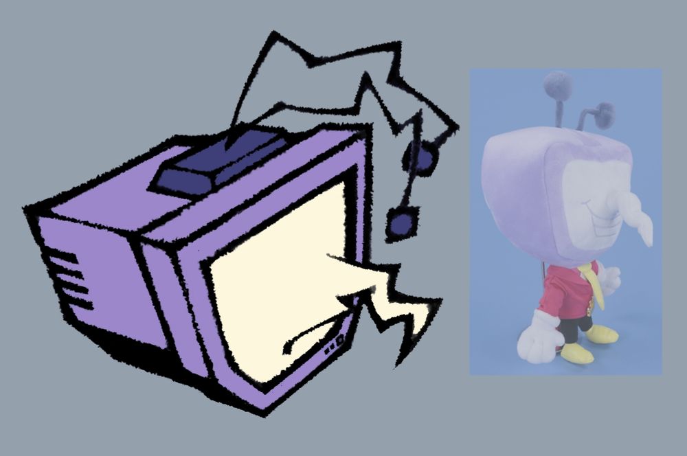 A drawing of Tenna's nose all scrunched up and wilted. On the right is the Tenna plush with his nose looking a similar way.