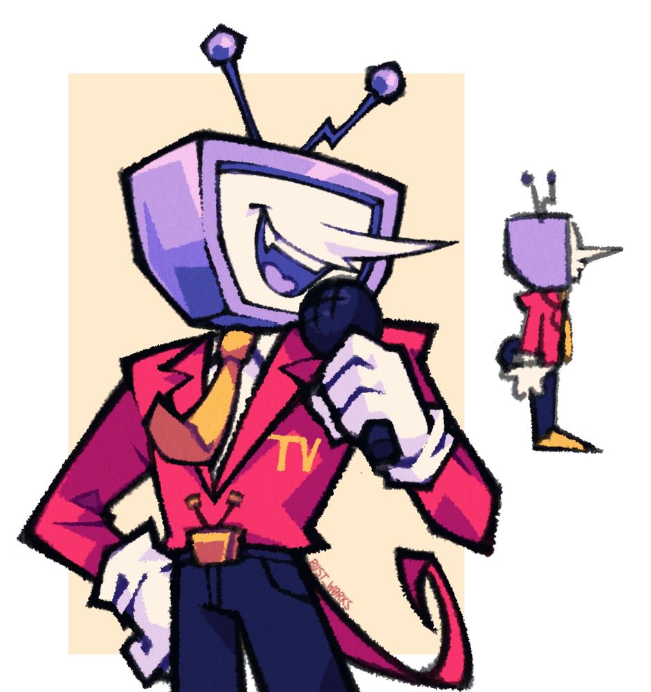 An illustration of Tenna from Deltarune Chapter 4. He holds a microphone in his left hand with his right hand resting on his hip, and seems to be talking enthusiastically on the microphone.

On the right of the drawing is a smaller doodle of Tenna from the side with a considerately sized ass. Yay!