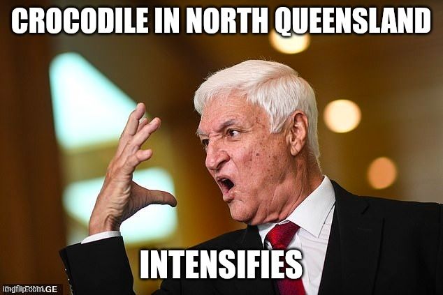 A photo of the Australian politician Bob Latter, who made notorious comments about crocodiles in northern Queensland killing people, making an open mouth aggressive face while pointing his right hand palm open towards his face in a way that vaguely suggests an open croc mouth