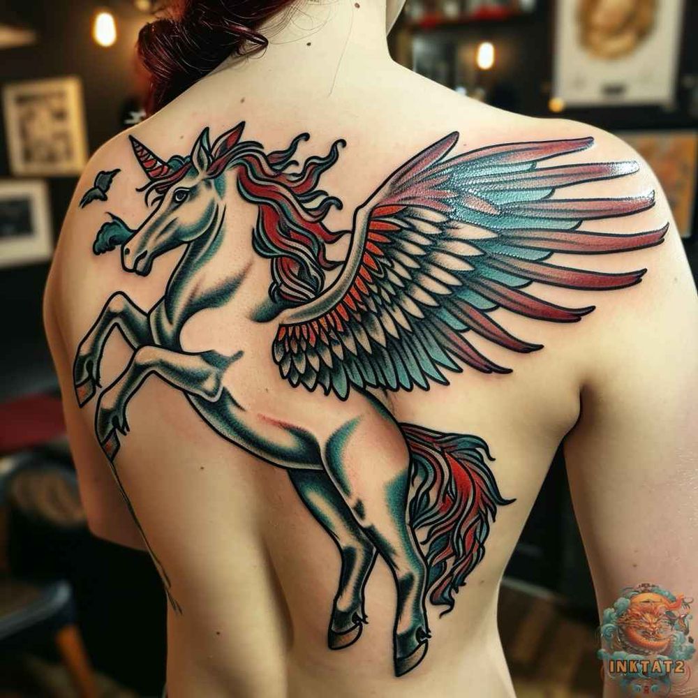 Traditional style Pegasus back tattoo 