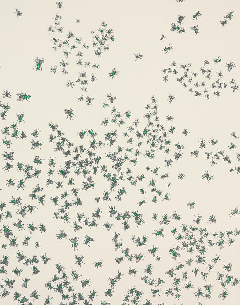 Print of a cluster of green grey bugs resembling the cosmos