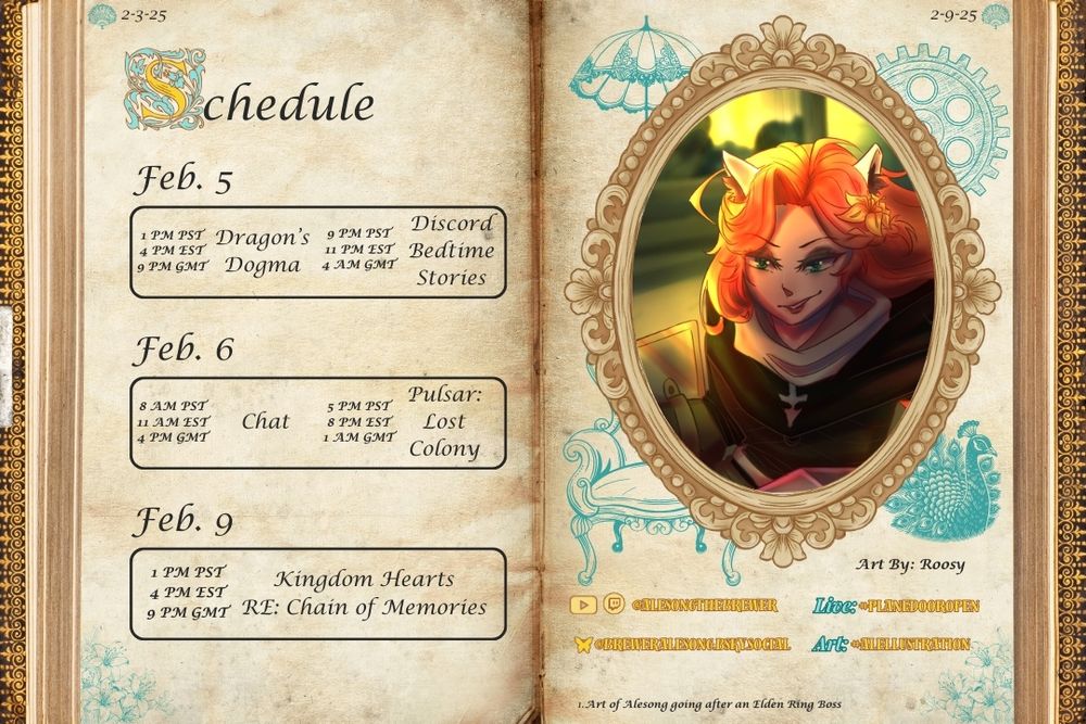 Feb 5   1 PM PST Dragon’s Dogma    8 PM PST Discord Bedtime Stories
Feb 6   8 AM PST Chat                       5 PM PST Pulsar: Lost Colony
Feb 9   1 PM PST Kingdom Hearts RE:Chain of Memories