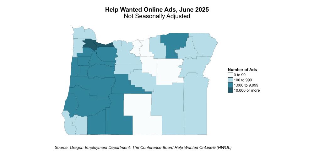 Map showing help wanted online ads by Oregon county for June 2025.