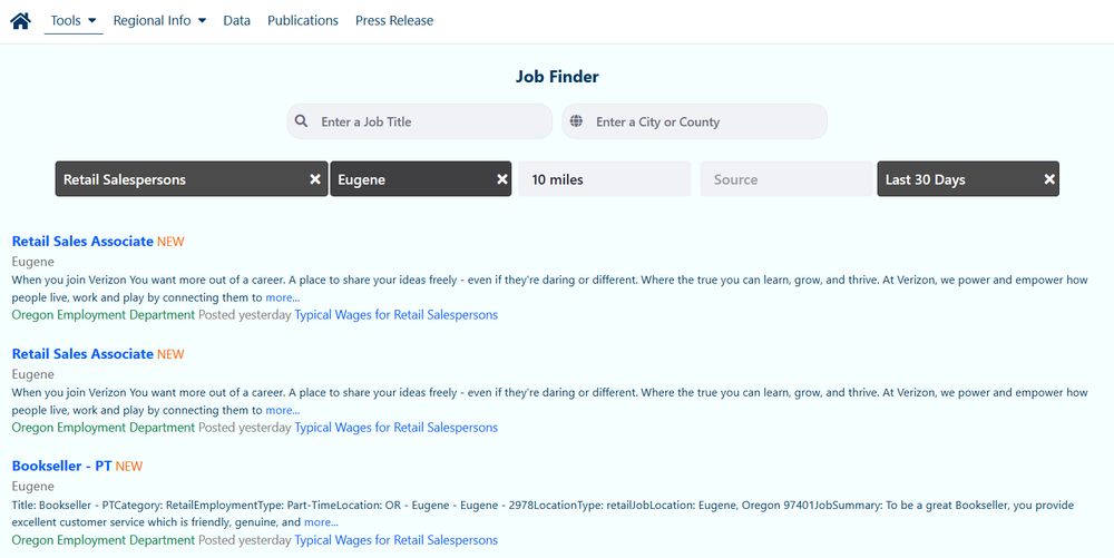 Job Finder tool on QualityInfo.org showing results for retail salespersons in Eugene.