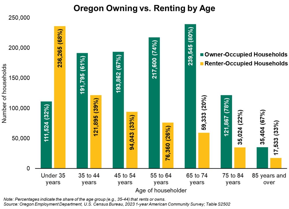 Bar graph showing owner and renter occupied households by age group.