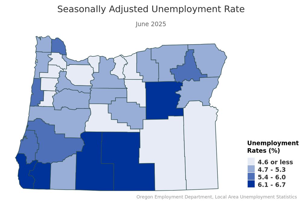 Map showing seasonally adjusted unemployment rate by county in Oregon for June 2025.