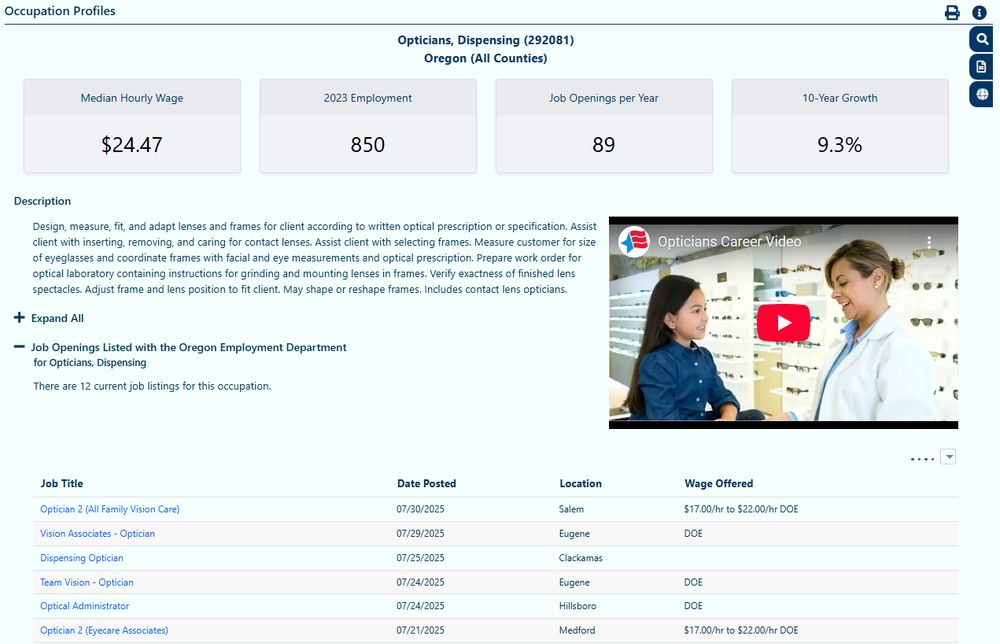 Occupation Profiles tool on QualityInfo.org that shows details for Dispensing Opticians for Oregon. Median hourly wage, 2023 employment, job openings per year, and 10-year growth are displayed.