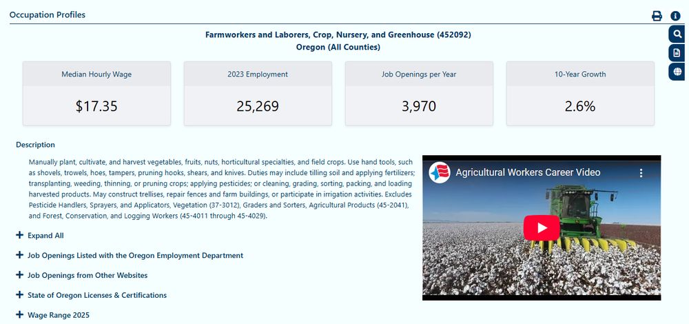 Occupation Profiles tool on QualityInfo.org that shows details for Farmworkers and Laborers, Crop, Nursery, and Greenhouse for Oregon. Median hourly wage, 2023 employment, job openings per year, and 10-year growth are displayed.