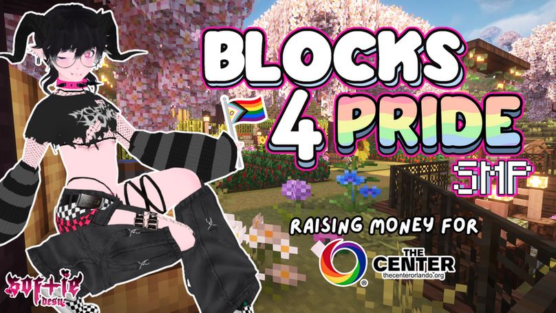 Softie holding a progress pride flag sitting on a serene minecraft background. Text on the image reads "BLOCKS 4 PRIDE SMP. Raising money for The Center (thecenterorlando.org)" Softie is a succubus vtuber who wears black emo inspired clothing with pink highlights. Softie has black hair, pointy ears, horns, pink eyes, piercings, and circle glasses. 