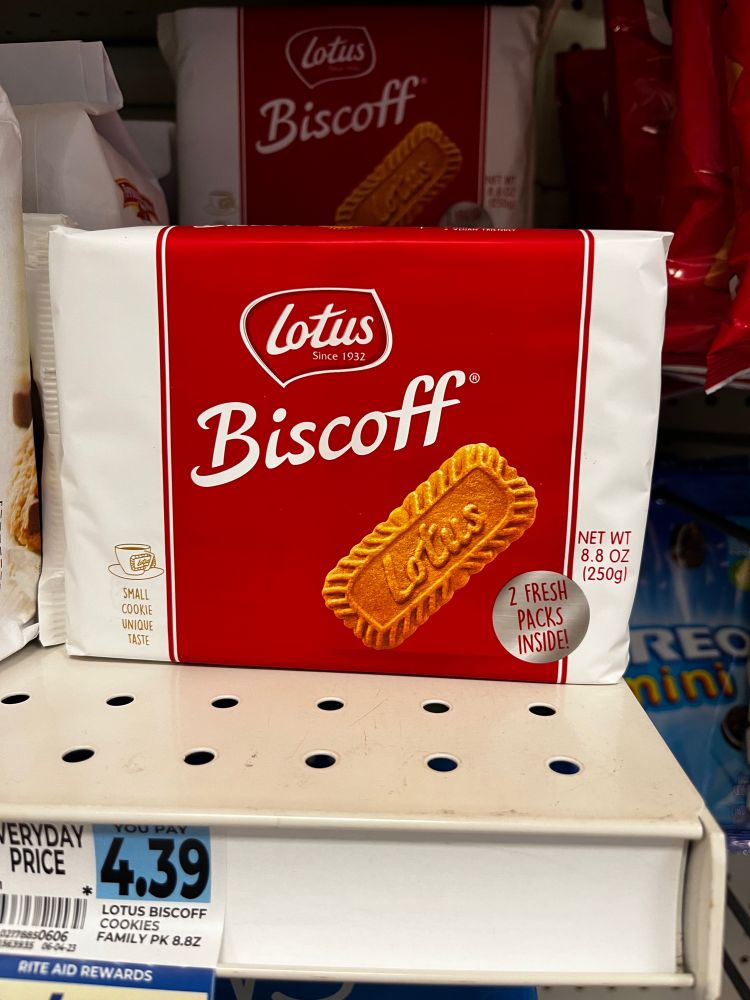 Biscoff wafers on a pharmacy shelf