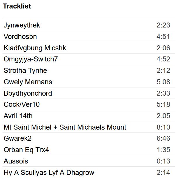 Jynweythek, 
Vordhosbn, 
Kladfvgbung Micshk, 
Omgyjya-Switch7, 
Strotha Tynhe, 
Gwely Mernans, 
Bbydhyonchord, 
Cock/Ver10, 
Avril 14th, 
Mt Saint Michel + Saint Michaels Mount, 
Gwarek2, 
Orban Eq Trx4, 
Aussois, 
Hy A Scullyas Lyf A Dhagrow