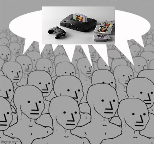 A meme of a crowd of identical looking "NPCs" all with a shared speech bubble with the Analogue 3D game console in it.