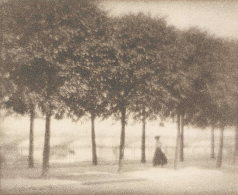 photo shows a line of trees with the figure of a woman in hat, white blouse and long dark skirt to the right, a bridge faintly visible behind
