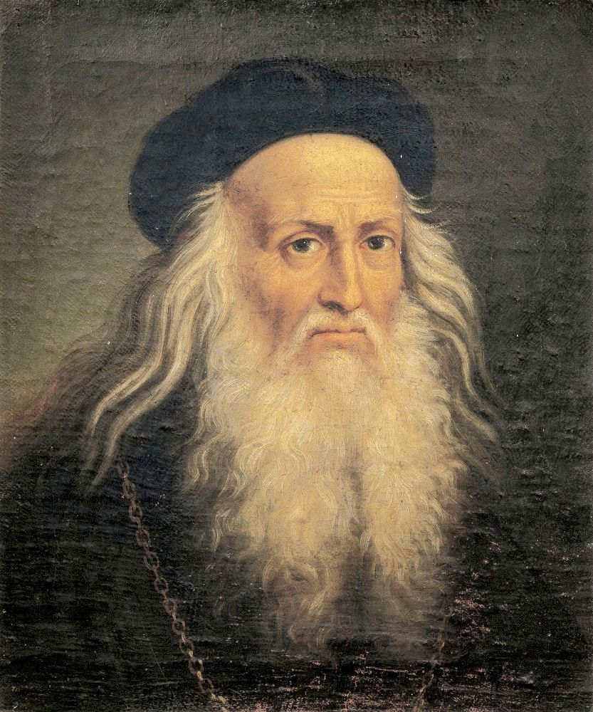 Image shows a painting of a man with white hair and a long white beard, a dark beret on his head, and a long chain hanging down his front. 