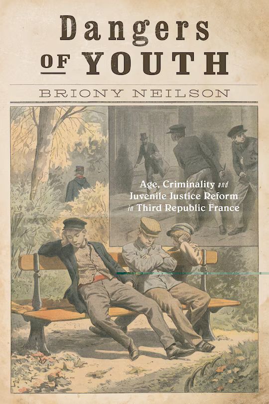 Book cover featuring a main drawing of three boys dozing on a park bench while a policeman strolls by, and a cut-away image of two boys waiting on a dark street corner as a man in a top hat approaches.