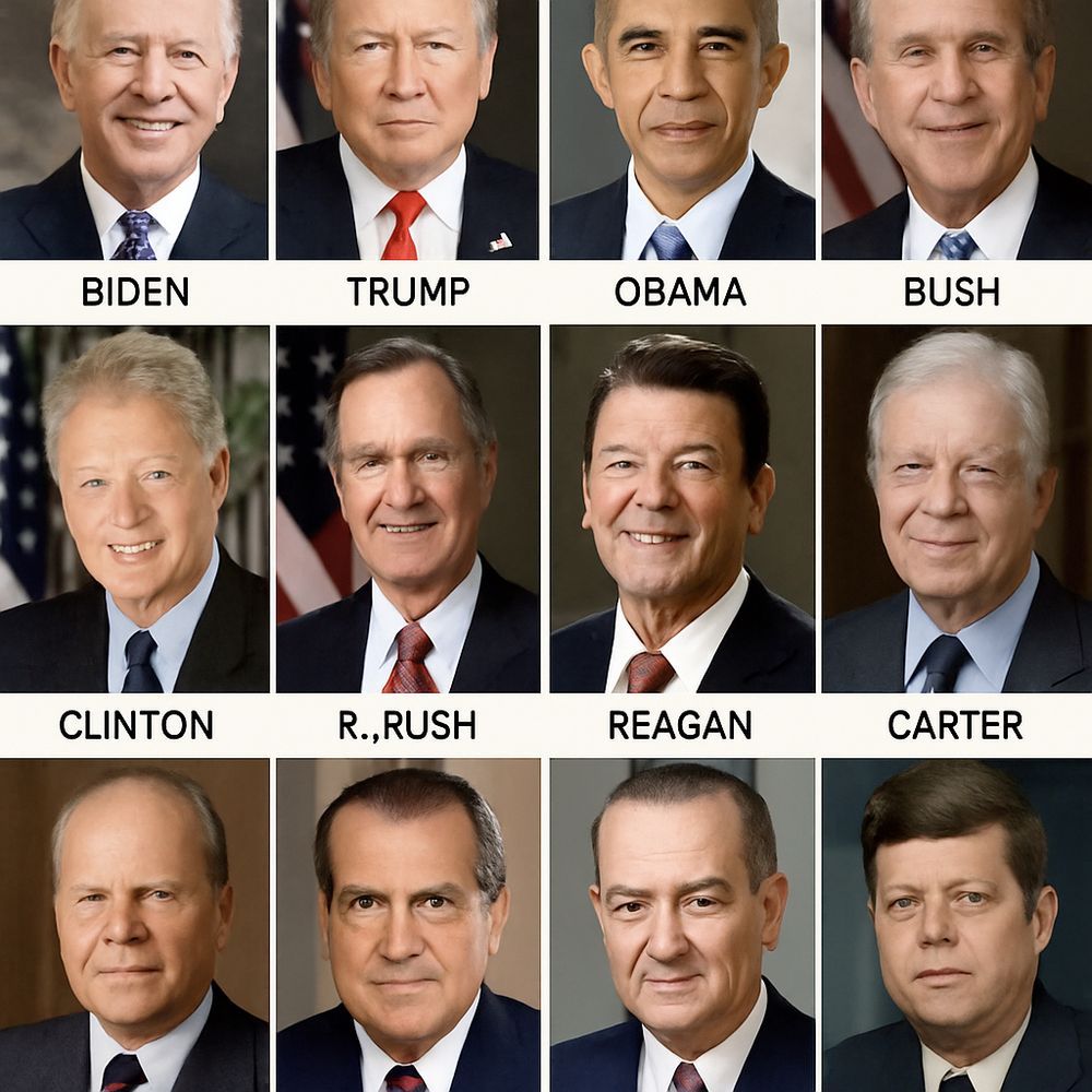 larger picture of uncanny valley presidents Biden, Trump, Obama, Bush, Clinton, R.,Bush, Reagan, and Carter. The bottom row is unlabeled.