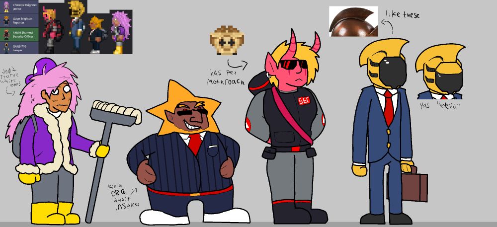 A human girl, a dwarf boy, an oni girl, and a robot lawyer. Sprites in the top right corner showing the in-game sprites