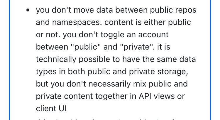 you don't move data between public repos and namespaces. content is either public or not. you don't toggle an account between "public" and "private". it is technically possible to have the same data types in both public and private storage, but you don't necessarily mix public and private content together in API views or client UI