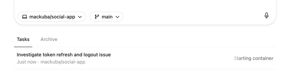 ChatGPT Codex running a task "Investigate token refresh and logout issue" on the repo mackuba/social-app