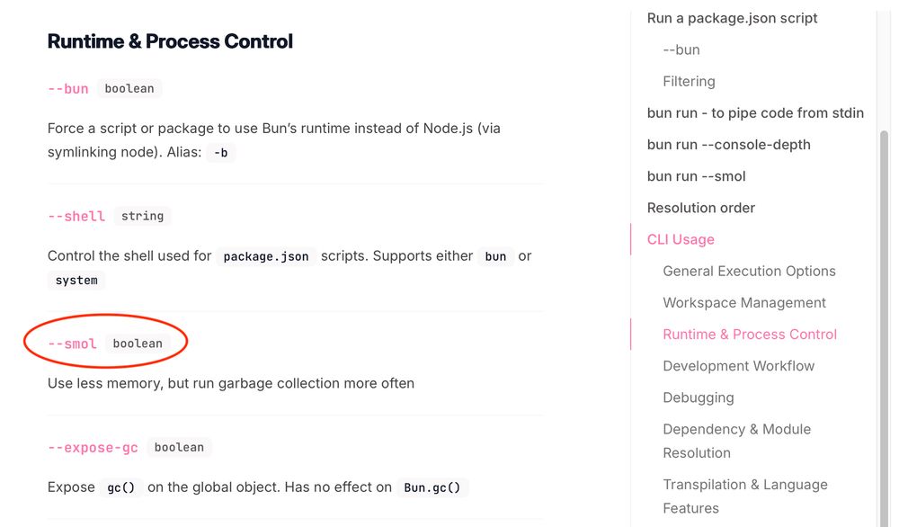 Bun documentation:

Runtime & Process Control

​--bun
boolean
Force a script or package to use Bun’s runtime instead of Node.js (via symlinking node). Alias: -b
​
--shell
string
Control the shell used for package.json scripts. Supports either bun or system
​
(highligted by me)
--smol (spelled s-m-o-l)
boolean
Use less memory, but run garbage collection more often
