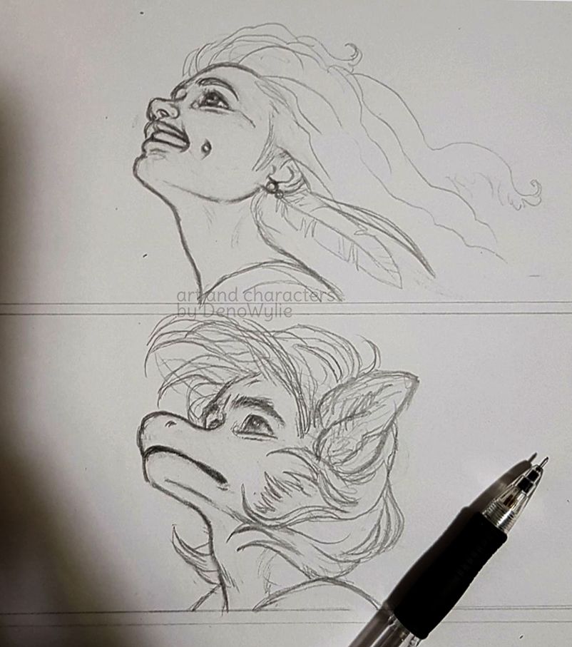 two comic panels with my characters seen from shoulder and up. My pencil laying at the bottom right on the paper. 