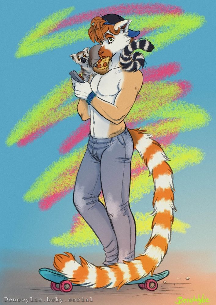 A humanoid ringtailed lemur with jeans and baseball cap. His figure is lean and fit, standing on a skateboard. His fur is cream white and sand/orange. In his hands is a retro GameBoy and in his mouth a slice of pizza hanging out. On his shoulder is my ringtailed lemur mascot Deno sitting. She holds a hand on the pizza and looks at you with big yellow eyes excited. Background is blue with pink and lime green textured lines going zig zag.