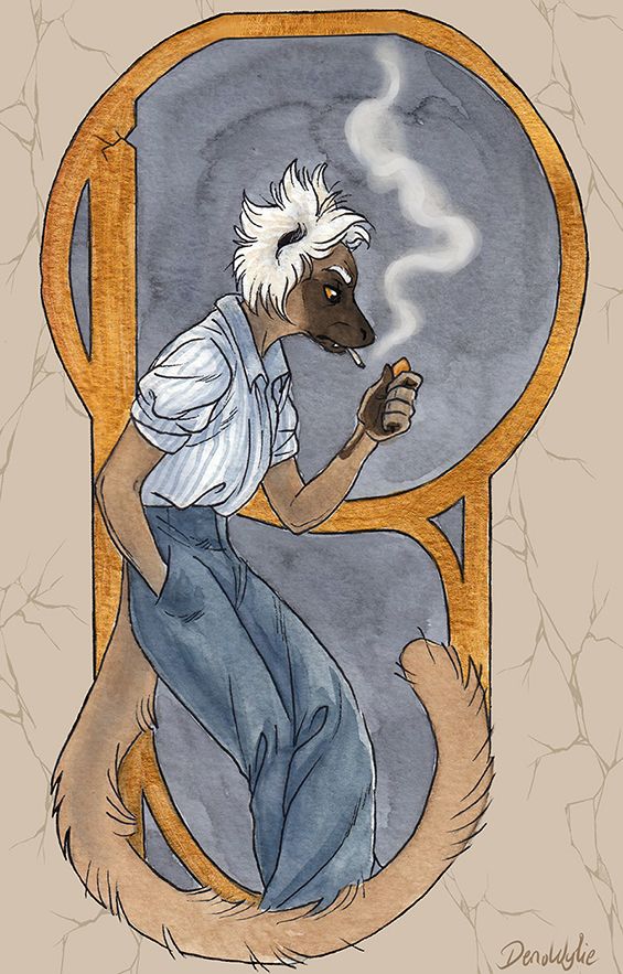 Mixed media drawing of my older lemur character Bosley, leaning slightly hunched over against a golden Art Nouveau inspired frame. She's seen in profile, faced to the right, one hand in pocket, the other holding a small piece that's dropped from a crack in the golden frame. She's smoking a cigarette and looking concentrated, her white fuzzy ear fluff poofed up like that on a real black lemur species. Female black lemurs are more soft brown in fur color, with darker brown face markings. Her long tail is hanging down and curves the tip up. She is dressed in a pair of dark grey, loose trousers with high waist, and a white loose shirt with light blue stripes and sleeves rolled up.