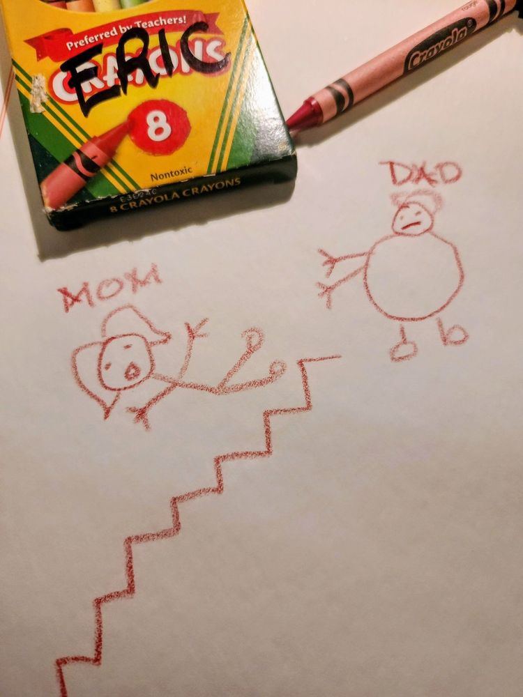 Stick figures drawn with crayons on a piece of parchment paper. The picture the is a fat stick man with “DAD” written overtop of the figure’s head, the hands and arms outstretched as if shoving. There is a long flight of stairs, and a stick woman with “ MOM” written overtop of the figure’s head falling down the stairs. On the box of crayons beside the picture, the name ERIC is written.