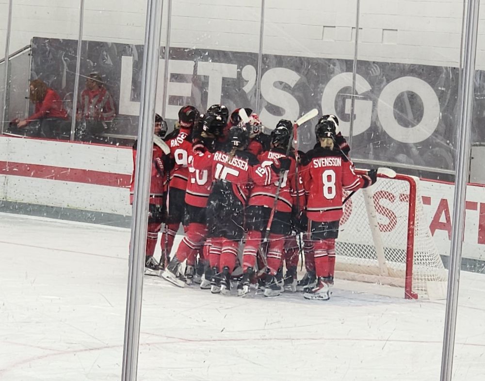 Ohio State Women's Hockey in a post game scrum after a hard fought 2-1 win over Bimidji State
