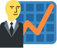 boneco amarelo sorrindo de terno com um gráfico de lucro atrás