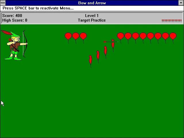 Jogo de 1992 bow and arrow, windows 3.1 mostra um menino parecendo o robinwood estourando balões