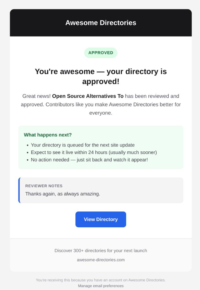 approval email from awesome directories