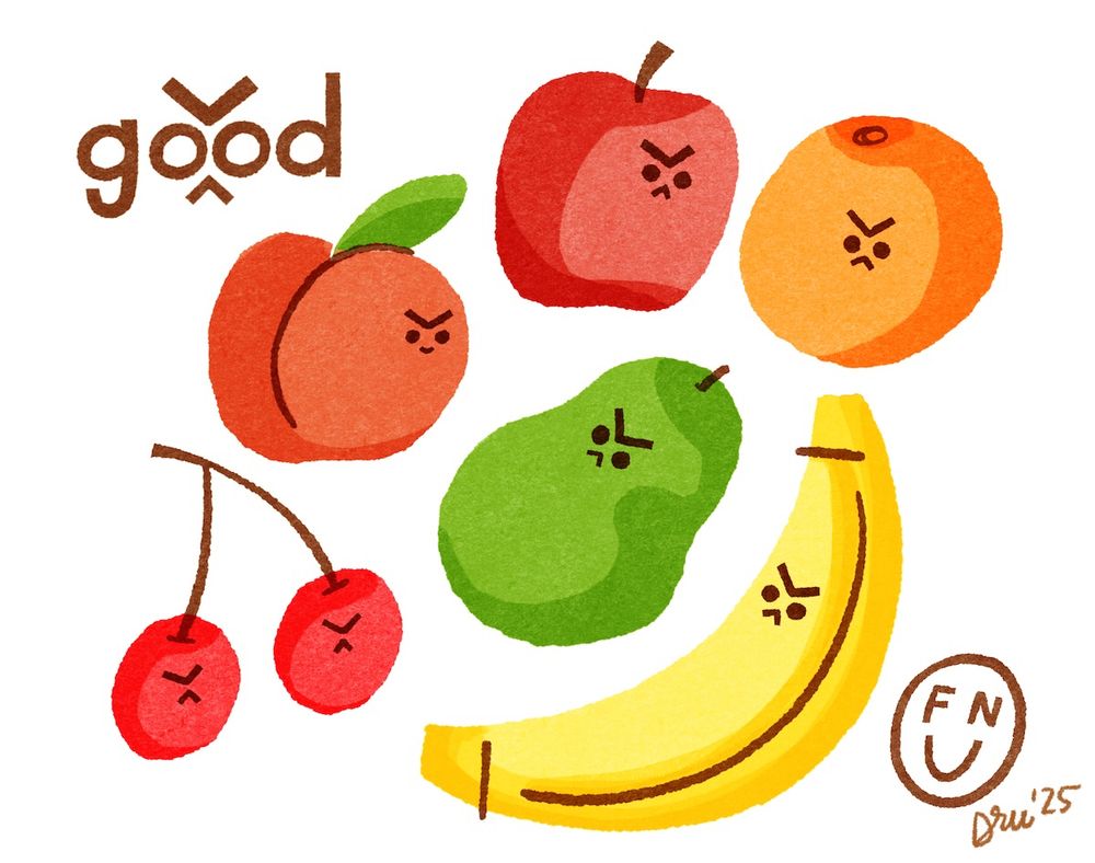 Illustration of fruit with faces. There is an apple, orange, banana, peach and two cherries. And they all have angry eyebrows and scowls. Except the peach, the peach has angry eyebrows and a smile.