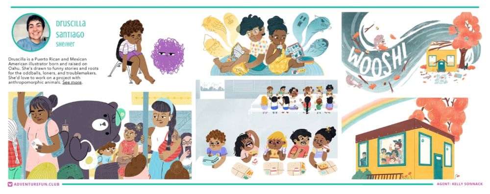 A page from a digital lookbook for Andrea Brown Literary Agency. The page shows the work of illustrator, Druscilla Santiago.