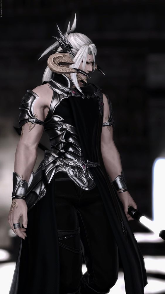 Misago holding a lance at his side, looking down, in silver armor with black draped cloth, a silver dragon hairpin above his horn, in muted colors.