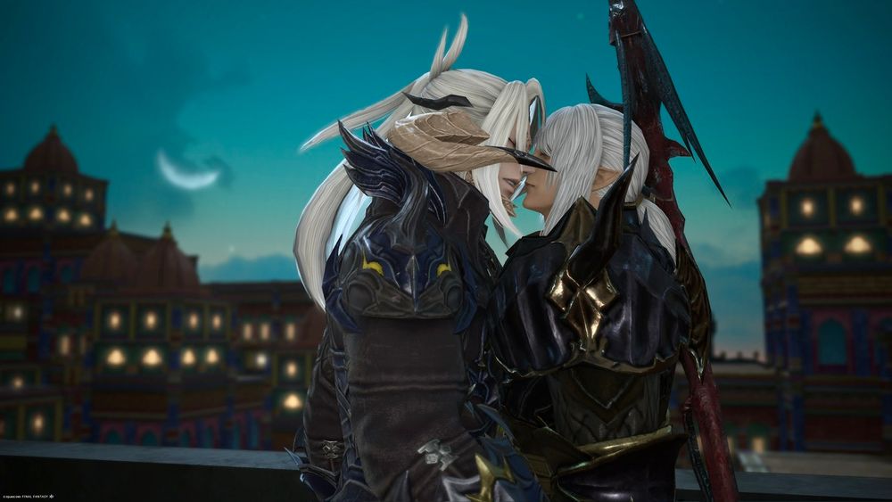 Misago and Estinien sharing an intimate moment on the rooftops of Radz-at-Han, both in dark blue/purple armor at twilight, about to kiss.