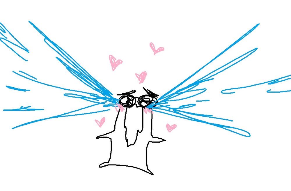 A potato-looking character spewing tears of joy. The character has a pink blush over its cheeks, the mouth is completely agape, and there are pink hearts all around. 