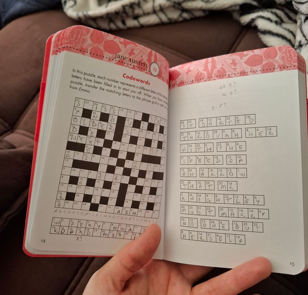 mesmo livrinho aberto em uma dupla de páginas com um jogo de palavras parcialmente preenchido
