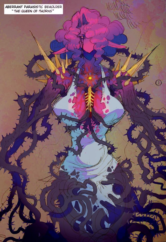 Colored pencil sketch of my oc "The Queen of Thorns" a tall and lanky humanoid monster woman with hot pink and purple gradient hair and skin, her eye has black scleras with a tricolor iris and a sharp reptile like iris and her eyes ooze of a dark liquid, she has long pointed ears and her hair is rather puffy and curly, her body has difformities such as an unusually long neck, overly broad shoulders and an overall elongated silhouette, her ribcage is visible from a large open wound and a glowing yellow gem is embedded into her  chest, large spiky bone protusions grows out of her shoulders and her arms and bottom body are morphing into dark thorny vines with many prickles, her large breasts are covered by the remains of a light night gown that is surprisingly still holding up despite being rags, she front facing displaying most of her design. A text box at the top reads " Aberrant parasistic Beholder " The Queen of Thorns".