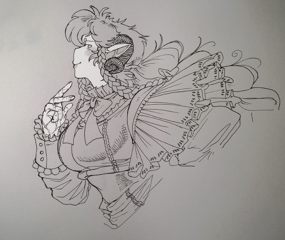 lined doodle of my oc Erödravelle in a side view with a smug expression