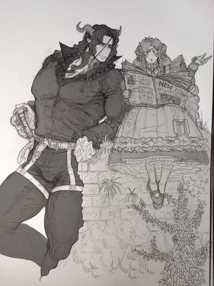 pencil sketch of two of my ocs, Amalgalish/Arch ( a giant muscular male humanoid character clad in a dark outfit with large curved horns and long wavy hair and pointy ears ) and Erödravelle ( a normal sized female humanoid character with a maid dress full of frills and ruffles, very long hair tied into braids and curled ram like horns around her pointy ears ) Arch is leaning on a wall which Erödravelle is sitting on reading the journal and seemingly reacting to it, Arch gazes at the journal with a gentle smile ( the journal cover has a few easter eggs, one being another oc of mine pulling a middle finger on the front page )