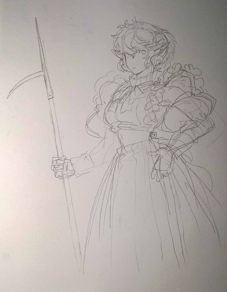 very rough pencil sketch of an original character, a female humanoid in a frilly maid dress holding a pole pike