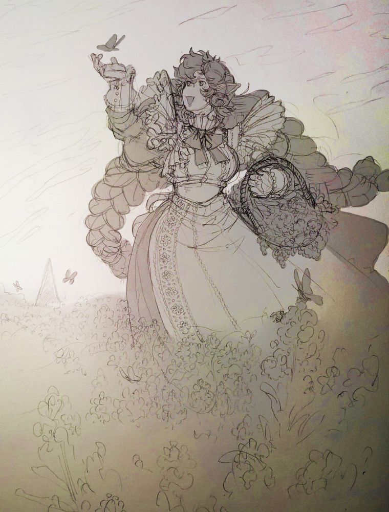 pencil sketch of my oc Erödravelle in a flower field