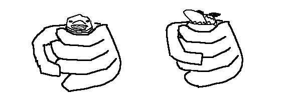 two-panel image of jeff the shark getting crushed in a giant hand