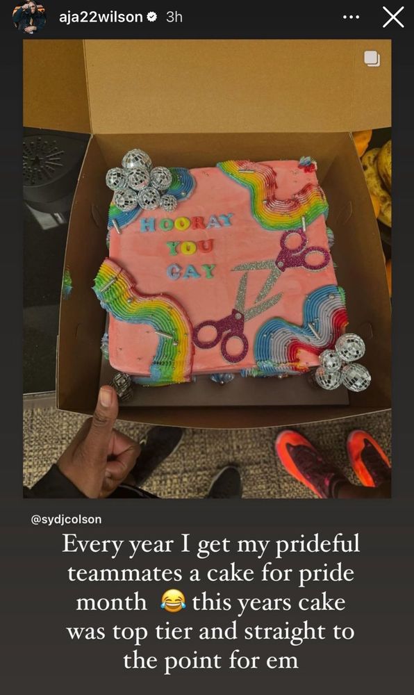An IG screenshot from A’ja Wilson’s page,  of a pink cake decorated with rainbows and scissors (🤭) that reads “Hooray you gay!”