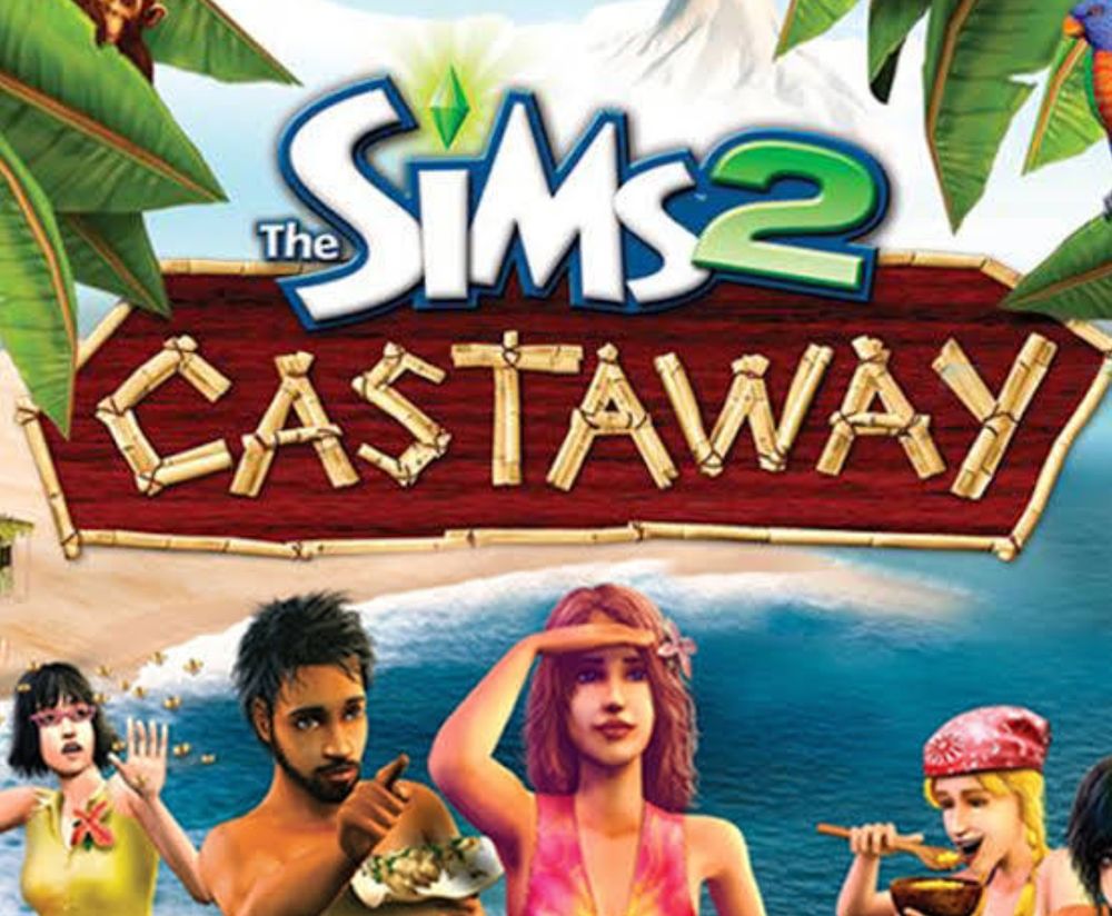 The main title art of The Sims 2: Castaway showing Sims at the beach searching with a map, being chased by bees and eating food.
