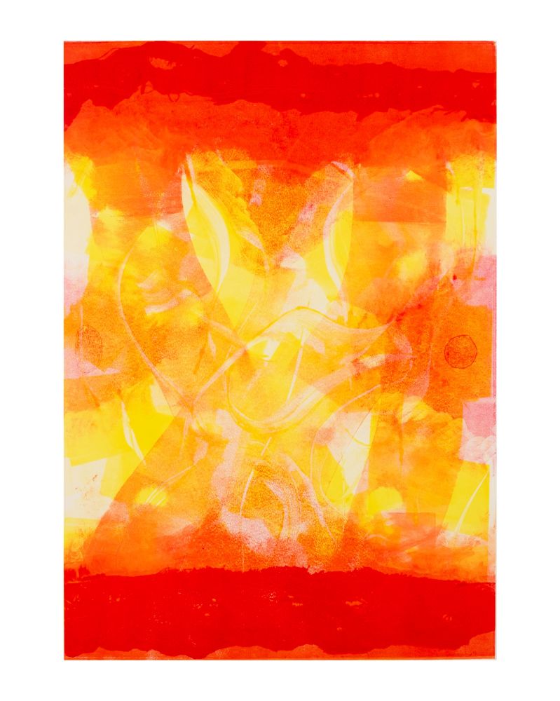 An abstract monotype print with bright, thick washes of red, orange, and yellow.