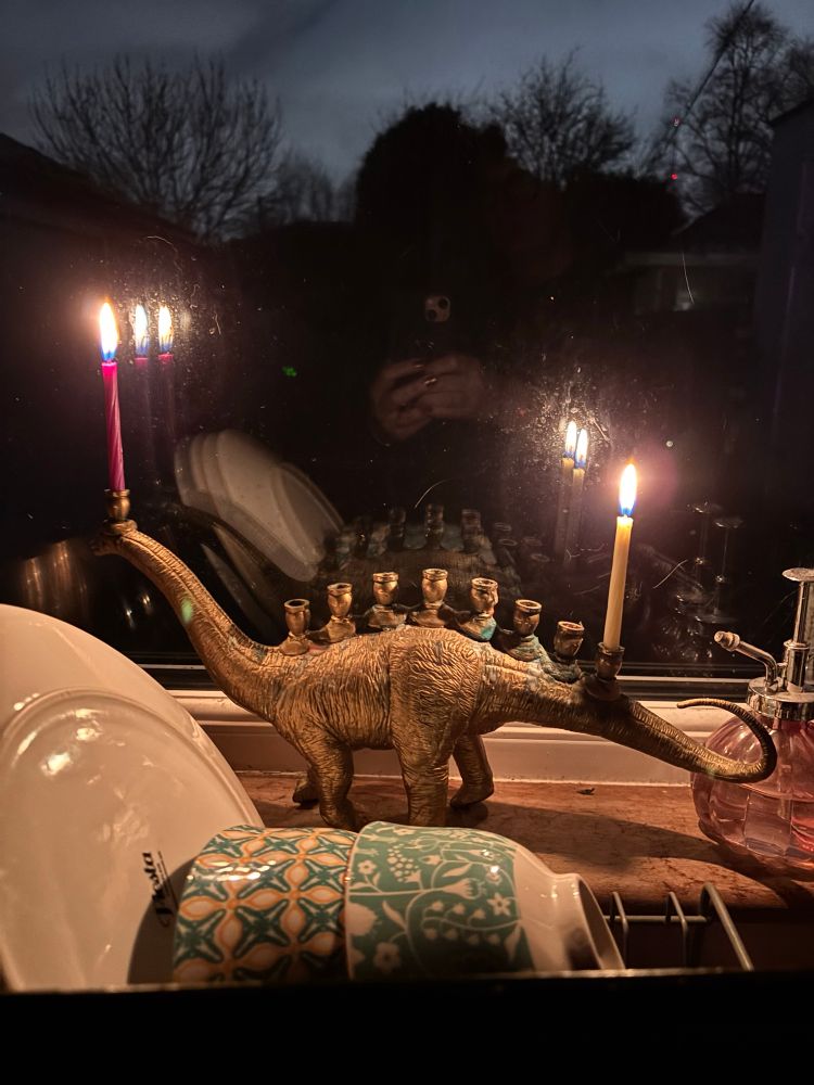 A dinosaur menorah, purchased at the Jewish museum in Manhattan. A menorasaurus, if you will.